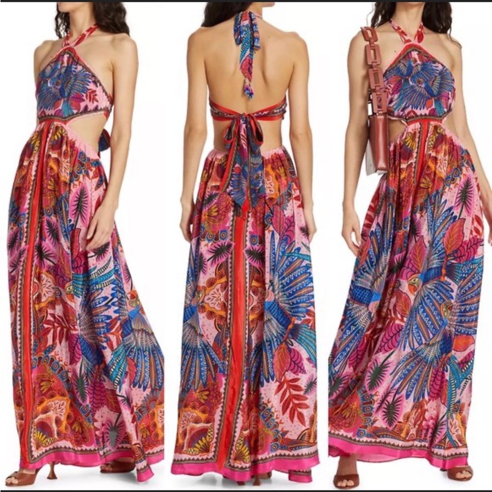 FARM Rio Pink Floral Printed Scarf Dress with Blue and Orange Accents